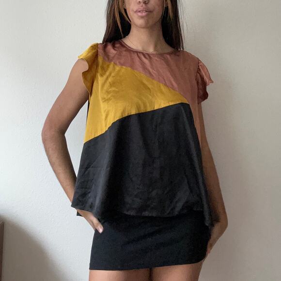 Color Block Top Ruffle Sleeve Blouse Casual Party Going‎ Out Top Size M - Picture 1 of 8